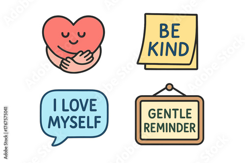 outline colorful icon 4 isolated on transparent background flat vector illustration style self compassion theme including heart hug icon be kind note positive self talk bubble and gentle
