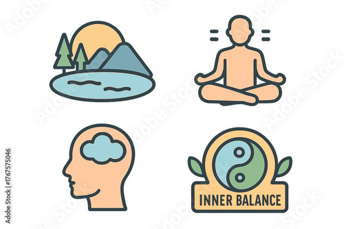 outline colorful icon 4 isolated on transparent background flat vector illustration style inner peace theme including peaceful lake scene meditating silhouette still mind icon and inner