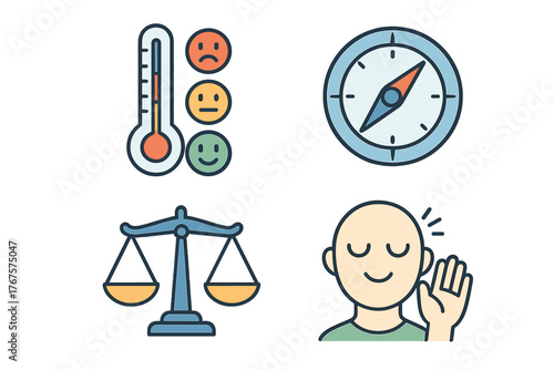 outline colorful icon 4 isolated on transparent background flat vector illustration style emotional regulation theme including mood thermometer emotional compass balance meter and calm