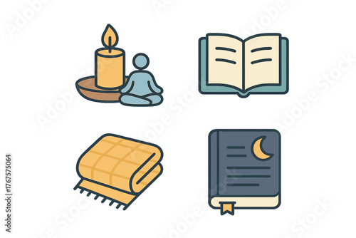 outline colorful icon 4 isolated on transparent background flat vector illustration style mindful evenings theme including candlelight meditation relaxing book cozy blanket icon and night