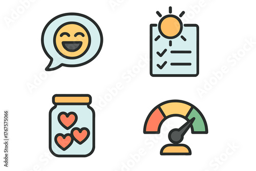outline colorful icon 4 isolated on transparent background flat vector illustration style daily joy theme including laughter bubble sunshine activity list joy jar and happiness scale