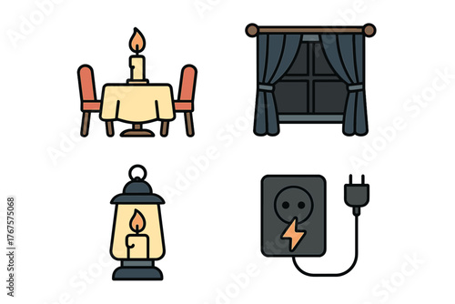 outline colorful icon 4 isolated on transparent background flat vector illustration style blackout home theme including candlelight dinner table window blackout curtains lantern light and