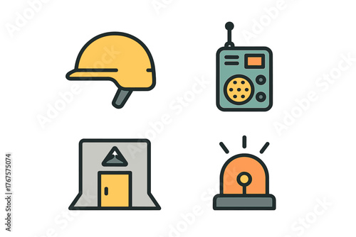 outline colorful icon 4 isolated on transparent background flat vector illustration style civil defense theme including protective helmet emergency radio shelter entrance and warning siren