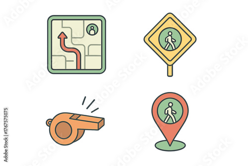outline colorful icon 4 isolated on transparent background flat vector illustration style evacuation theme including evacuation map road sign emergency whistle and safe route marker