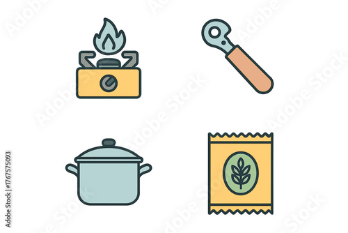 outline colorful icon 4 isolated on transparent background flat vector illustration style emergency cooking theme including portable gas stove canned food opener cooking pot and ration pack