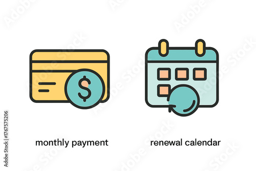 outline colorful icon 2 isolated on transparent background flat vector illustration style subscription theme including monthly payment icon and renewal calendar