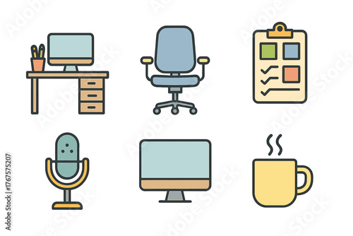outline colorful icon 6 isolated on transparent background flat vector illustration style home office theme including desk setup ergonomic chair task board video call microphone desktop