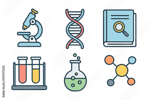 outline colorful icon 6 isolated on transparent background flat vector illustration style medical research theme including microscope DNA strand research journal lab equipment chemical
