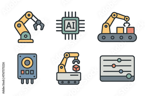 outline colorful icon 6 isolated on transparent background flat vector illustration style robotics theme including robotic AI processor automation line sensor module assembly unit and