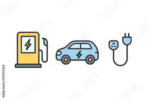 outline colorful icon isolated on transparent background flat vector illustration style electric vehicle theme including EV charger electric and charging cable