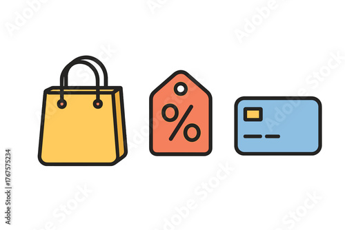 outline colorful icon isolated on transparent background flat vector illustration style online shopping theme including shopping bag discount tag and credit card