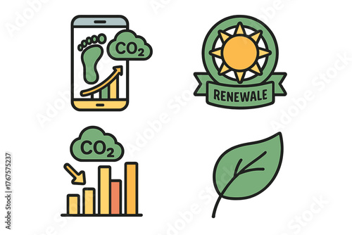 outline colorful icon 4 isolated on transparent background flat vector illustration style climate action theme including carbon footprint tracker renewable badge emission chart and