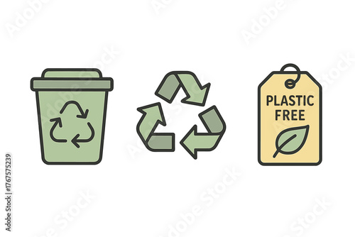 outline colorful icon isolated on transparent background flat vector illustration style recycling theme including recycling bin eco arrows and plastic free label