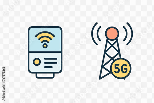 outline colorful icon 2 isolated on transparent background flat vector illustration style smart city theme including IoT sensor and 5G tower