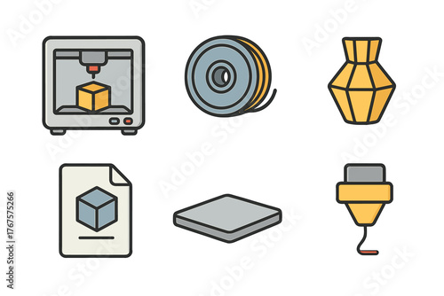 outline colorful icon 6 isolated on transparent background flat vector illustration style 3D printing theme including 3D printer filament spool printed object CAD file build plate and