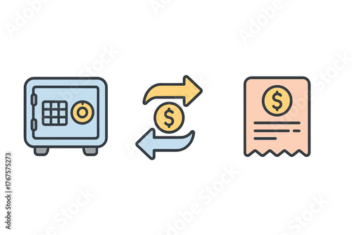 outline colorful icon isolated on transparent background flat vector illustration style online banking theme including digital safe transfer arrows and transaction receipt