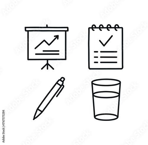 Outline presentation prep icon 4 isolated on white background projector notepad pen and water glass clean black and white line art with slightly hand drawn strokes simple business planning