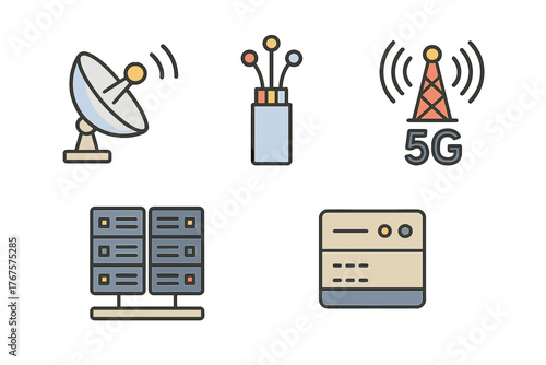 outline colorful icon 5 isolated on transparent background flat vector illustration style telecommunication infrastructure theme including satellite dish fiber optic cable 5G tower data