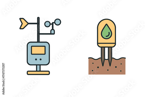 outline colorful icon 2 isolated on transparent background flat vector illustration style smart agriculture theme including weather station and soil sensor