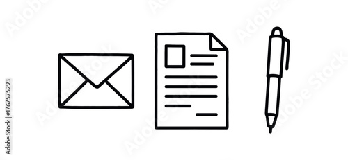 Outline paper workflow icon isolated on white background envelopes documents and pen clean black and white line art with slightly hand drawn strokes administrative style