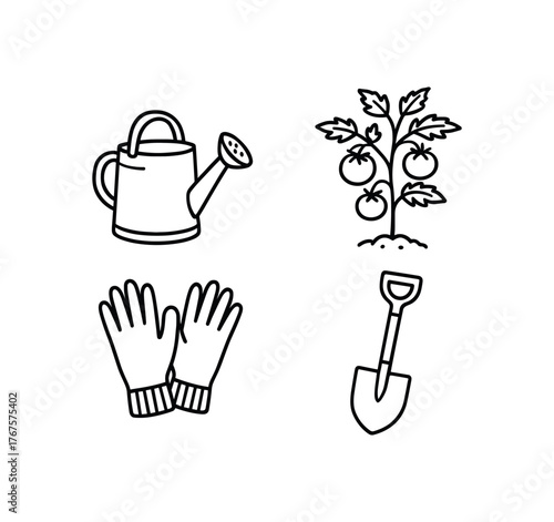 Outline midsummer garden icon 4 isolated on white background watering can tomato plant gloves and shovel clean black and white line art with slightly hand drawn strokes calm home gardening