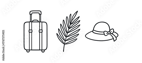 Outline summer holiday icon isolated on white background suitcase palm leaf and hat clean black and white line art with slightly hand drawn strokes relaxed travel mood style