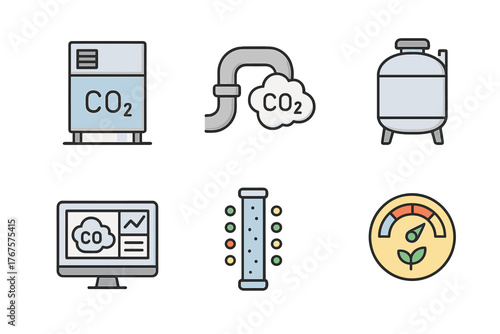 outline colorful icon 6 isolated on transparent background flat vector illustration style carbon capture technology theme including CO2 collector unit emission pipeline storage tank