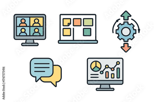 outline colorful icon 5 isolated on transparent background flat vector illustration style digital workplace theme including virtual meeting screen project board task automation icon online