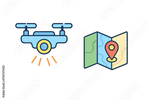 outline colorful icon 2 isolated on transparent background flat vector illustration style autonomous drone monitoring theme including surveillance drone and control map