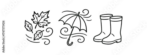 Outline windy fall icon isolated on white background flying leaves umbrella and clean black and white line art with slightly hand drawn strokes poetic transitional weather style