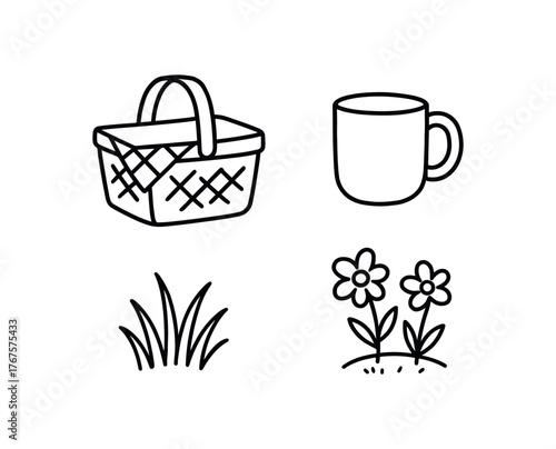 Outline spring picnic icon 4 isolated on white background basket cup grass and flowers clean black and white line art with slightly hand drawn strokes light outdoor rest style