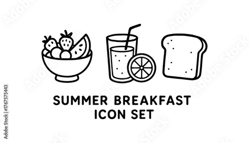 Outline summer breakfast icon isolated on white background fruit bowl orange juice and toast clean black and white line art with slightly hand drawn strokes bright morning style