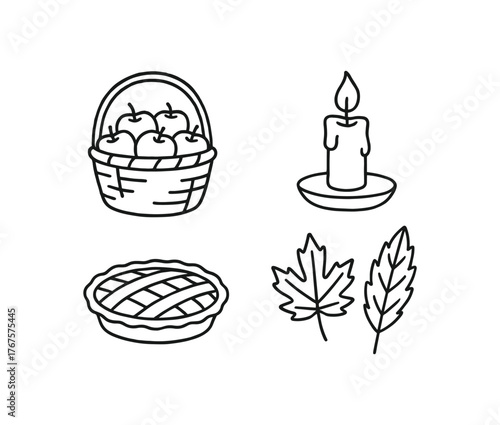 Outline harvest season icon 4 isolated on white background basket of apples candle pie and leaves clean black and white line art with slightly hand drawn strokes rustic autumn comfort style