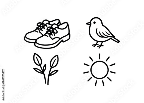 Outline spring walk icon 4 isolated on white background shoes bird buds and sunlight clean black and white line art with slightly hand drawn strokes refreshing outdoor style