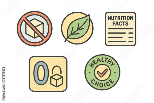 outline colorful icon 5 isolated on transparent background flat vector illustration style zero sugar theme including sugar free mark natural sweetener leaf nutrition label zero cube symbol