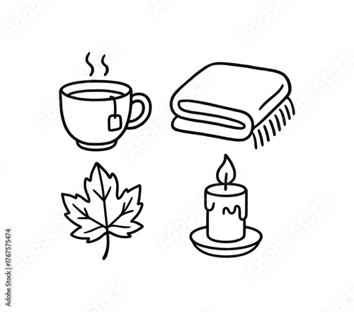 Outline cozy autumn tea icon 4 isolated on white background cup blanket leaf and candle clean black and white line art with slightly hand drawn strokes soft fall evening style