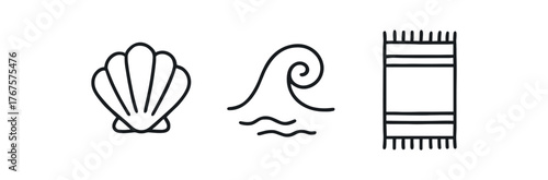 Outline summer sea icon isolated on white background wave and towel clean black and white line art with slightly hand drawn strokes tranquil seaside style