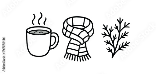 Outline cold winter morning icon isolated on white background cup of cocoa scarf and frost clean black and white line art with slightly hand drawn strokes calm indoor warmth style