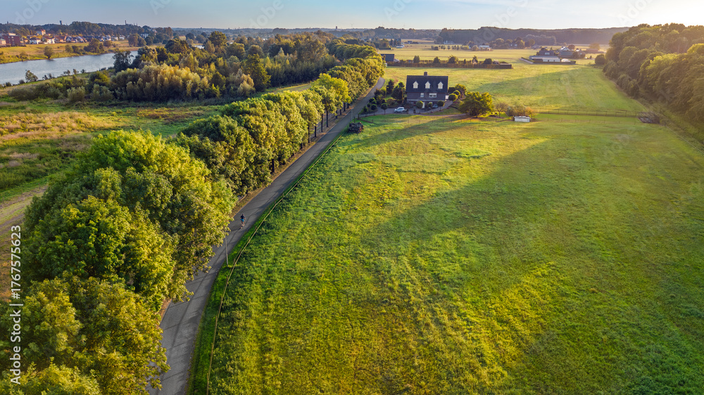 Naklejka premium Bicycle lane road between trees aerial drone view from above, cycling lane for bikes, idyllic dutch spring landscape, typical countryside in Limburg, the Netherlands