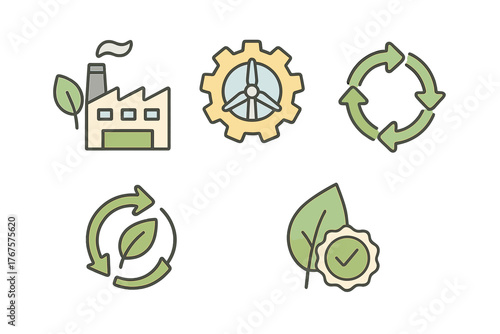 outline colorful icon 5 isolated on transparent background flat vector illustration style sustainable production theme including eco factory renewable energy gear lifecycle icon circular