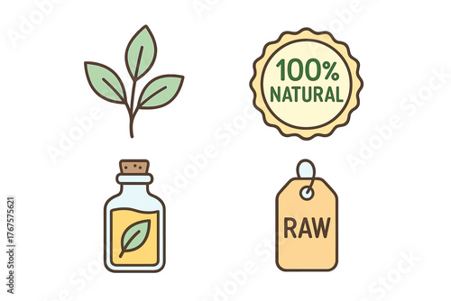 outline colorful icon 4 isolated on transparent background flat vector illustration style natural origin theme including botanical icon 100 percent natural badge herb extract bottle and raw