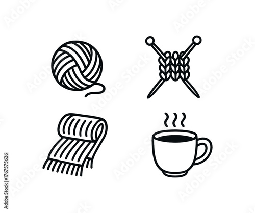 Outline knitting hobby icon 4 isolated on white background yarn ball knitting needles folded scarf and cup of tea clean black and white line art with slightly hand drawn strokes cozy craft