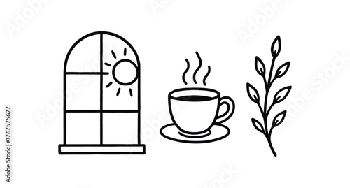 Outline spring sunlight icon isolated on white background window cup and branch clean black and white line art with slightly hand drawn strokes airy peaceful start style