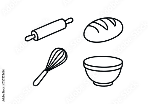 Outline home baking icon 4 isolated on white background rolling pin bread loaf whisk and bowl clean black and white line art with slightly hand drawn strokes warm kitchen pastime style