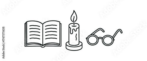 Outline reading hobby icon isolated on white background open book candle and glasses clean black and white line art with slightly hand drawn strokes slow calm leisure style