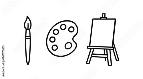 Outline painting corner icon isolated on white background brush palette and easel clean black and white line art with slightly hand drawn strokes artistic home hobby style