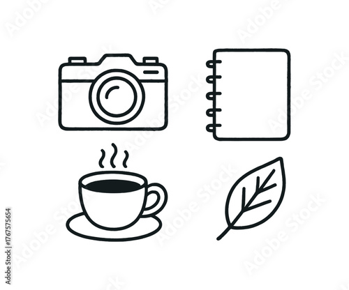 Outline photography hobby icon 4 isolated on white background vintage camera notebook cup of coffee and leaf clean black and white line art with slightly hand drawn strokes creative