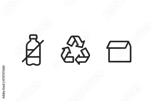 monochrome minimal icon isolated on transparent background clean outline vector style plastic free theme including bottle crossed icon recycling mark and clean packaging outline