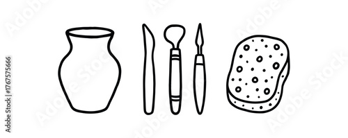 Outline pottery studio icon isolated on white background clay pot tools and sponge clean black and white line art with slightly hand drawn strokes relaxed creative work style