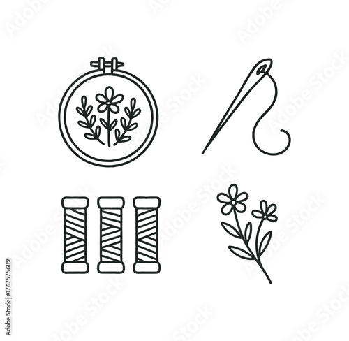 Outline embroidery hobby icon 4 isolated on white background hoop needle and floral pattern clean black and white line art with slightly hand drawn strokes delicate handmade craft style